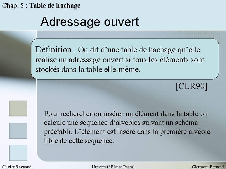Chap. 5 : Table de hachage Adressage ouvert Définition : On dit d’une table