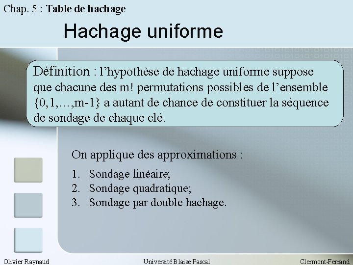 Chap. 5 : Table de hachage Hachage uniforme Définition : l’hypothèse de hachage uniforme