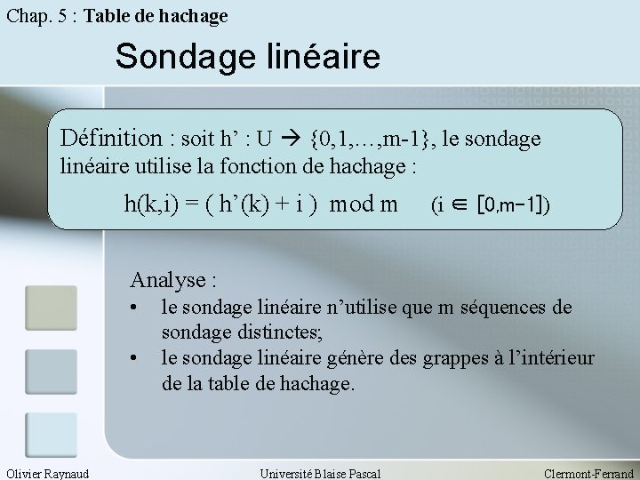 Chap. 5 : Table de hachage Sondage linéaire Définition : soit h’ : U