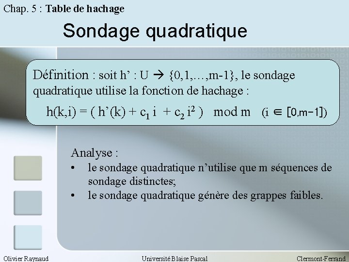 Chap. 5 : Table de hachage Sondage quadratique Définition : soit h’ : U