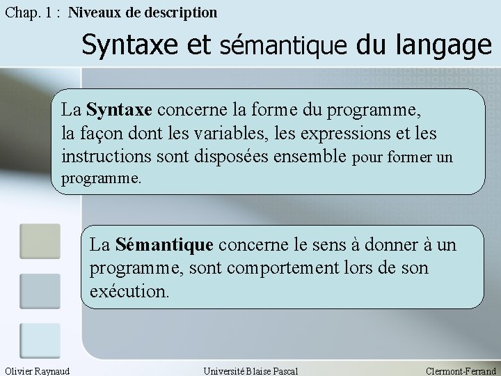 Chap. 1 : Niveaux de description Syntaxe et sémantique du langage La Syntaxe concerne
