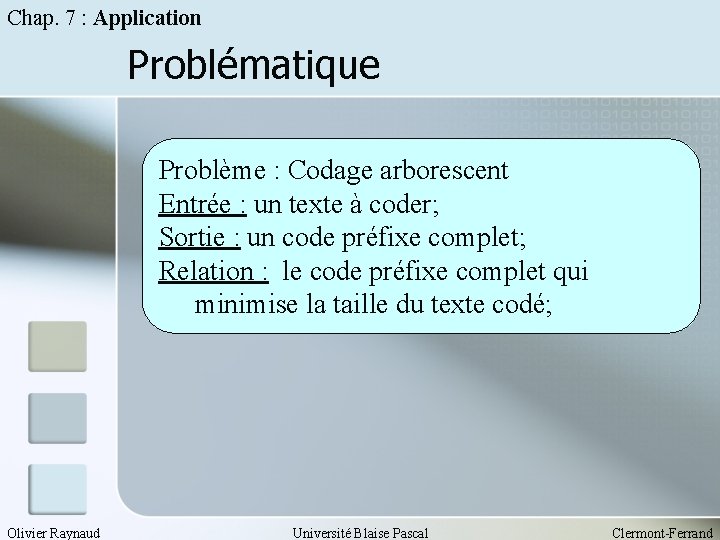 Chap. 7 : Application Problématique Problème : Codage arborescent Entrée : un texte à