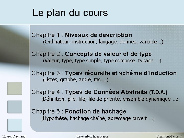 Le plan du cours Chapitre 1 : Niveaux de description (Ordinateur, instruction, langage, donnée,
