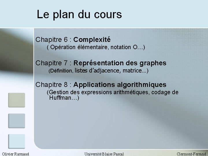 Le plan du cours Chapitre 6 : Complexité ( Opération élémentaire, notation O…) Chapitre