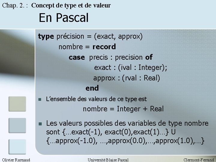 Chap. 2. : Concept de type et de valeur En Pascal type précision =