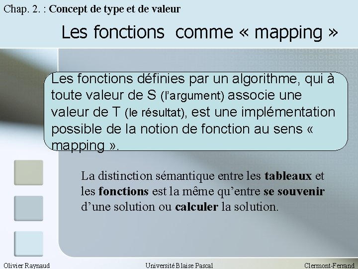 Chap. 2. : Concept de type et de valeur Les fonctions comme « mapping
