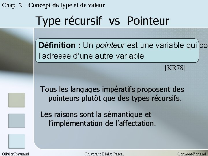 Chap. 2. : Concept de type et de valeur Type récursif vs Pointeur Définition