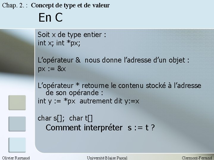 Chap. 2. : Concept de type et de valeur En C Soit x de