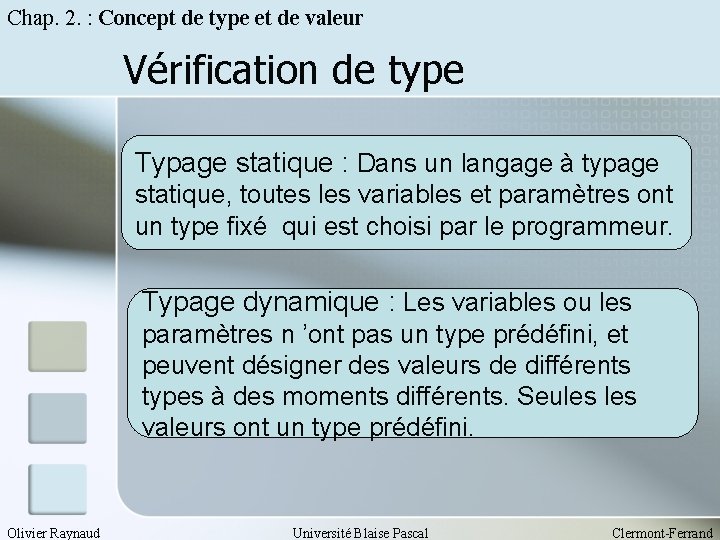 Chap. 2. : Concept de type et de valeur Vérification de type Typage statique