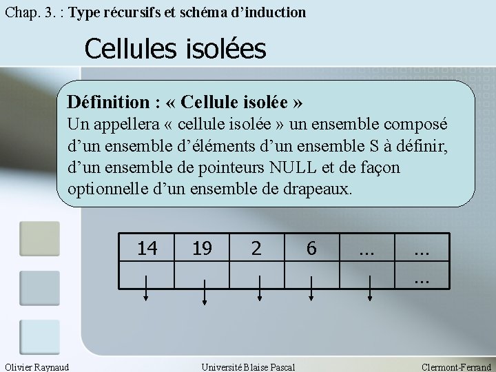 Chap. 3. : Type récursifs et schéma d’induction Cellules isolées Définition : « Cellule