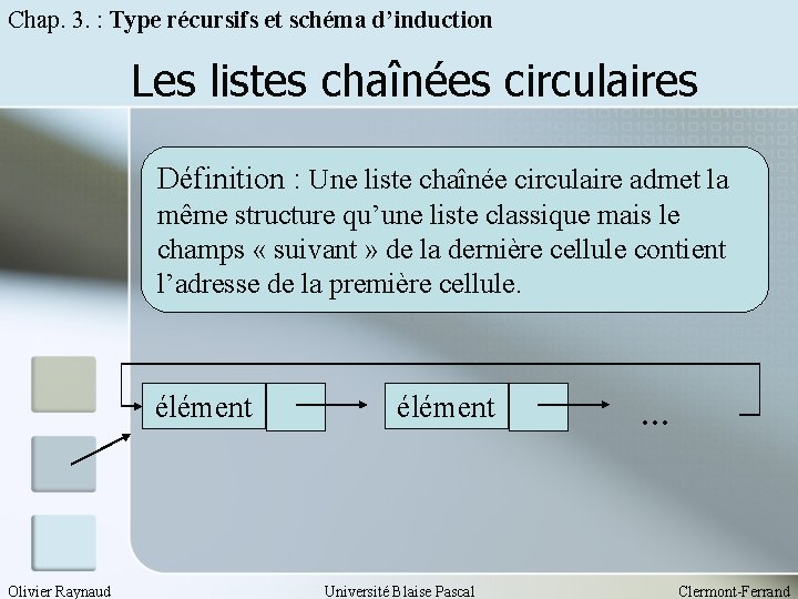 Chap. 3. : Type récursifs et schéma d’induction Les listes chaînées circulaires Définition :