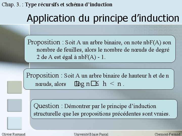 Chap. 3. : Type récursifs et schéma d’induction Application du principe d’induction Proposition :