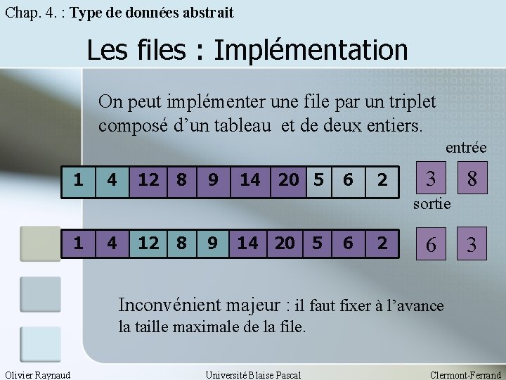 Chap. 4. : Type de données abstrait Les files : Implémentation On peut implémenter
