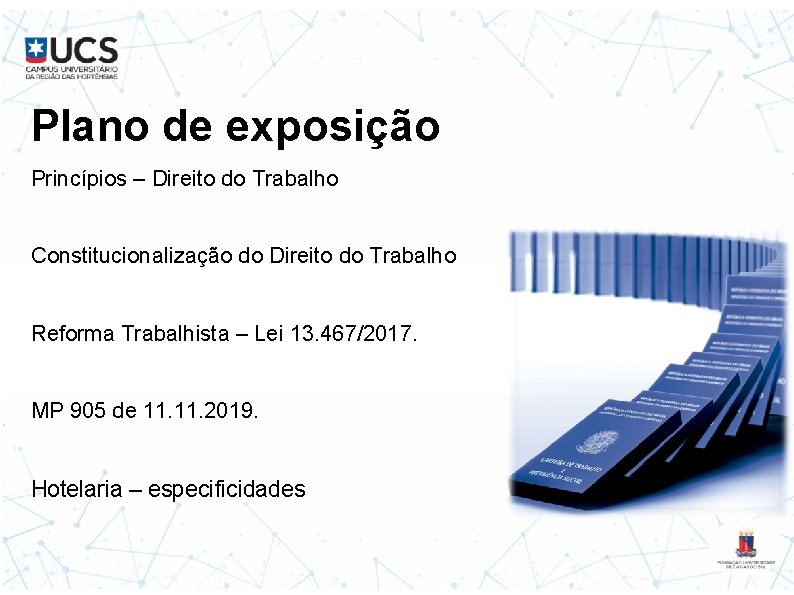 Plano de exposição Princípios – Direito do Trabalho Constitucionalização do Direito do Trabalho Reforma