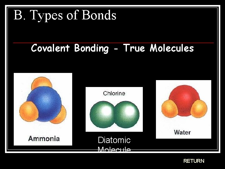B. Types of Bonds Covalent Bonding - True Molecules Diatomic Molecule RETURN 