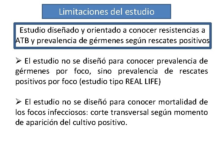 Limitaciones del estudio Estudio diseñado y orientado a conocer resistencias a ATB y prevalencia Limitaciones del estudio Estudio diseñado y orientado a conocer resistencias a ATB y prevalencia
