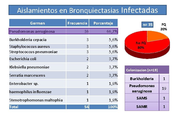 Aislamientos en Bronquiectasias Infectadas Germen Pseudomonas aeruginosa Frecuencia Porcentaje 36 66, 7% Burkholderia cepacia Aislamientos en Bronquiectasias Infectadas Germen Pseudomonas aeruginosa Frecuencia Porcentaje 36 66, 7% Burkholderia cepacia