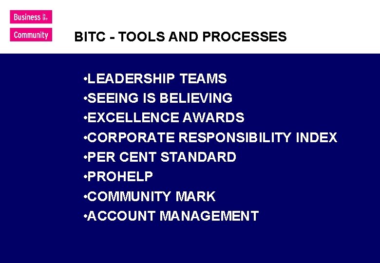 BITC - TOOLS AND PROCESSES • LEADERSHIP TEAMS • SEEING IS BELIEVING • EXCELLENCE