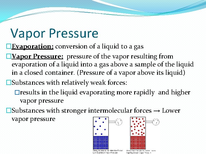 Vapor Pressure �Evaporation: conversion of a liquid to a gas �Vapor Pressure: pressure of Vapor Pressure �Evaporation: conversion of a liquid to a gas �Vapor Pressure: pressure of