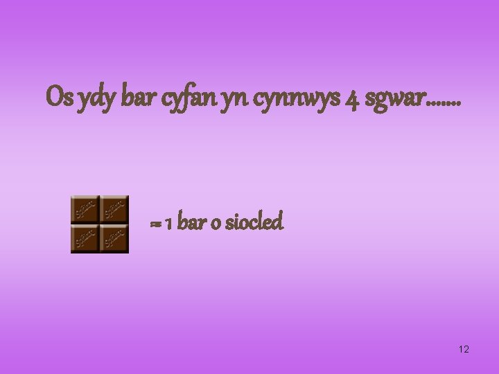 Os ydy bar cyfan yn cynnwys 4 sgwar……. = 1 bar o siocled 12