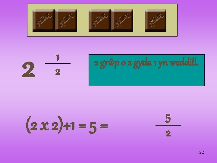 2 1 2 2 grŵp o 2 gyda 1 yn weddill. (2 x 2)+1