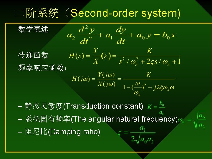 二阶系统（Second-order system) 数学表述 传递函数 频率响应函数： – 静态灵敏度(Transduction constant) – 系统固有频率(The angular natural frequency) –