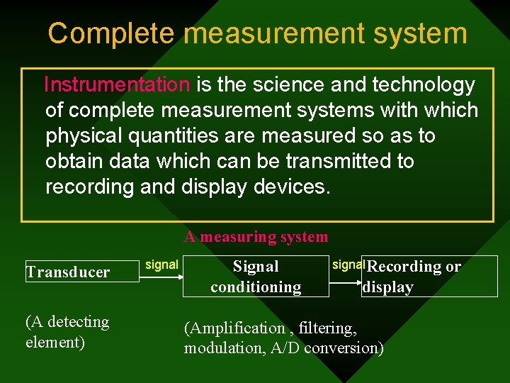 Complete measurement system Instrumentation is the science and technology of complete measurement systems with