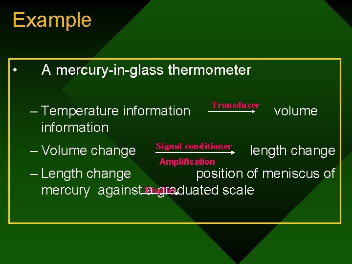 Example • A mercury-in-glass thermometer – Temperature information – Volume change Transducer Signal conditioner