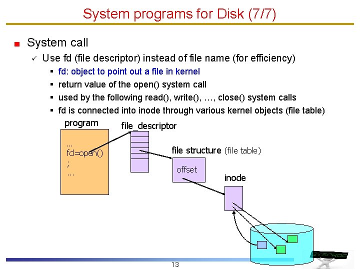 System programs for Disk (7/7) System call ü Use fd (file descriptor) instead of