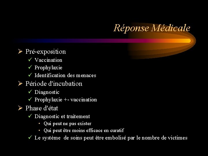 Réponse Médicale Ø Pré-exposition ü Vaccination ü Prophylaxie ü Identification des menaces Ø Période