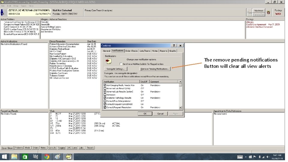 The remove pending notifications Button will clear all view alerts 