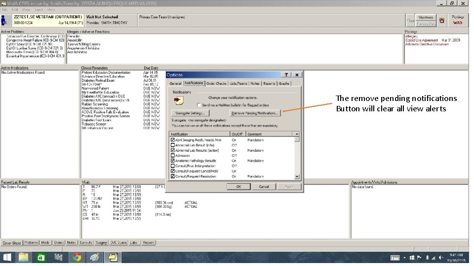 The remove pending notifications Button will clear all view alerts 