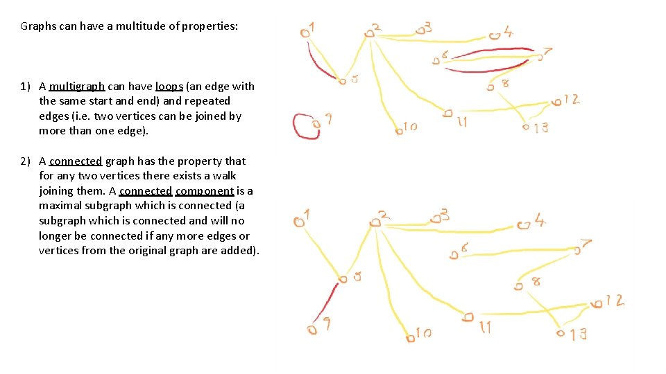 Graphs can have a multitude of properties: 1) A multigraph can have loops (an