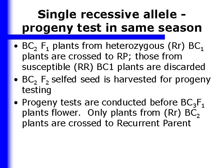 Single recessive allele progeny test in same season • BC 2 F 1 plants