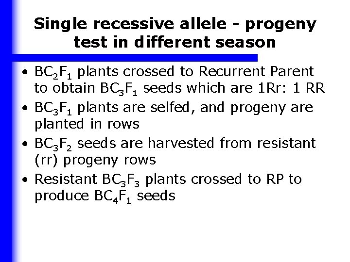 Single recessive allele - progeny test in different season • BC 2 F 1