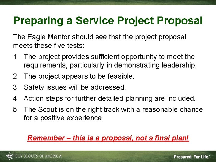 Preparing a Service Project Proposal The Eagle Mentor should see that the project proposal