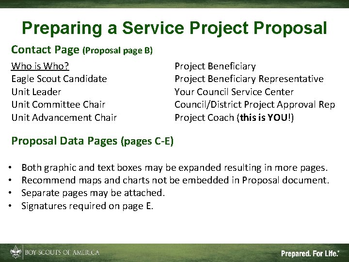 Preparing a Service Project Proposal Contact Page (Proposal page B) Who is Who? Eagle