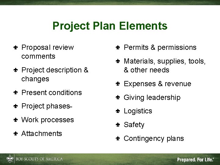 Project Plan Elements Proposal review comments Project description & changes Present conditions Project phases