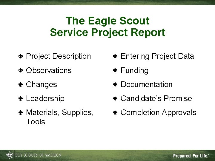 The Eagle Scout Service Project Report Project Description Entering Project Data Observations Funding Changes