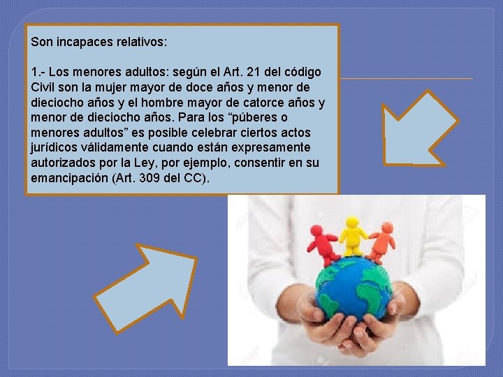 Son incapaces relativos: 1. - Los menores adultos: según el Art. 21 del código