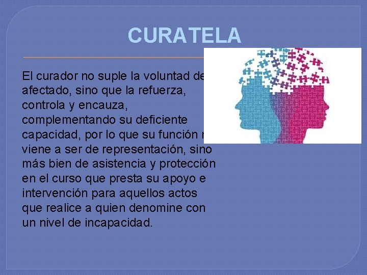 CURATELA El curador no suple la voluntad del afectado, sino que la refuerza, controla