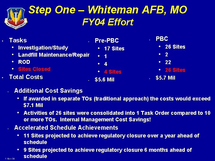 Step One – Whiteman AFB, MO FY 04 Effort Tasks • • Pre-PBC •