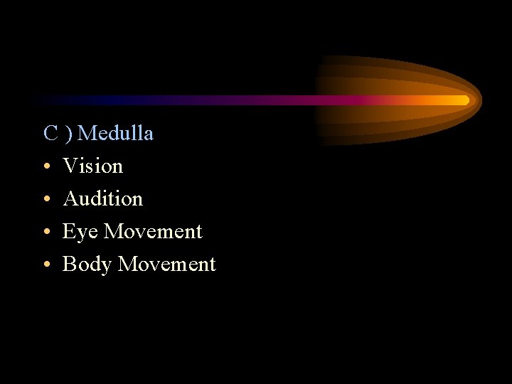 C ) Medulla • Vision • Audition • Eye Movement • Body Movement 