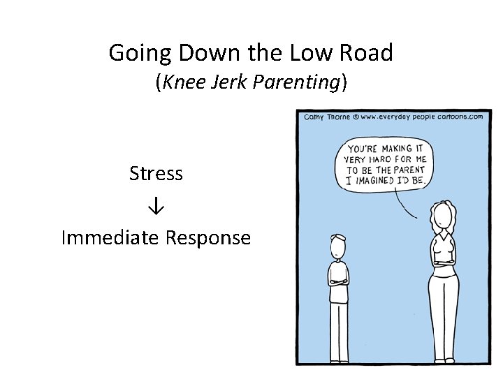 Going Down the Low Road (Knee Jerk Parenting) Stress ↓ Immediate Response 