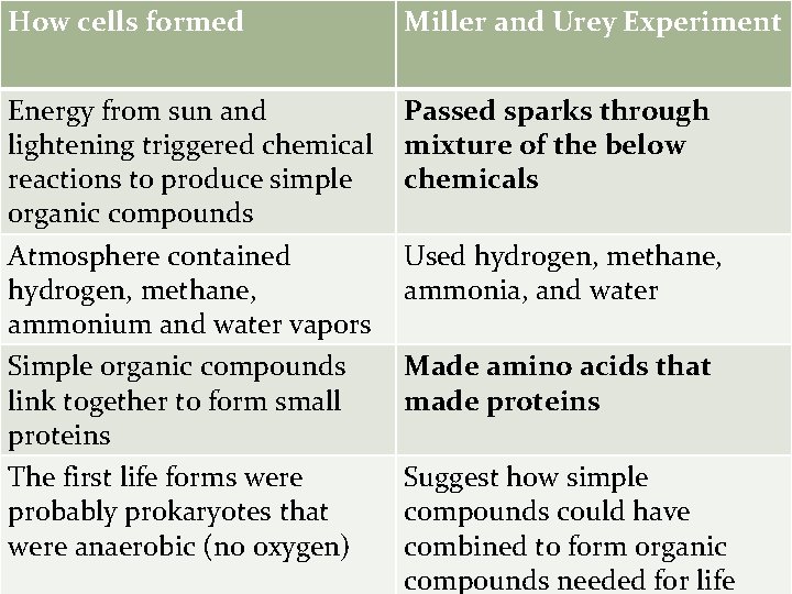 How cells formed Miller and Urey Experiment Energy from sun and lightening triggered chemical