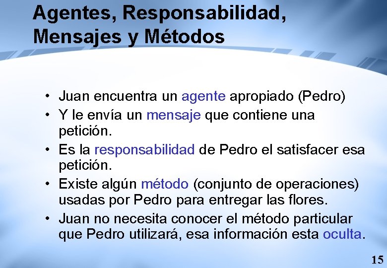 Agentes, Responsabilidad, Mensajes y Métodos • Juan encuentra un agente apropiado (Pedro) • Y