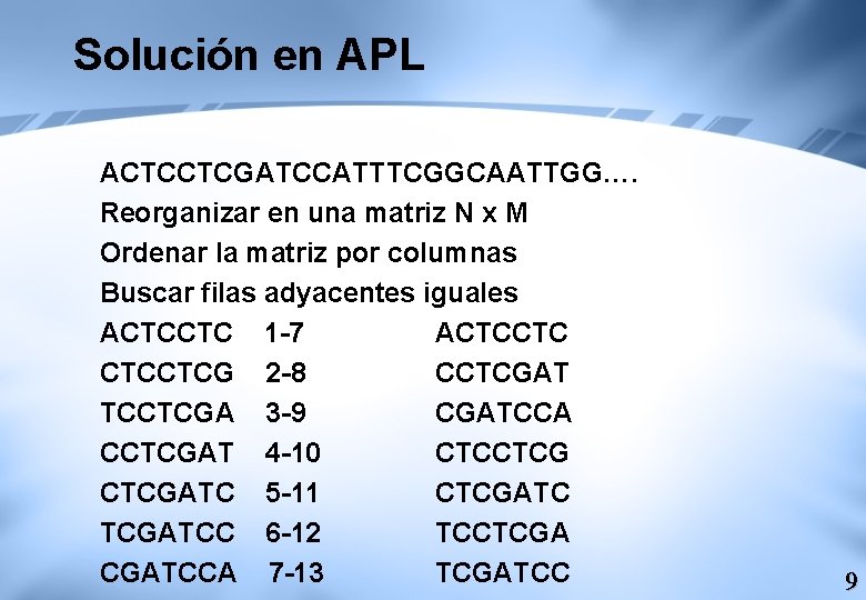Solución en APL ACTCCTCGATCCATTTCGGCAATTGG…. Reorganizar en una matriz N x M Ordenar la matriz