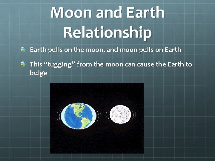 Moon and Earth Relationship Earth pulls on the moon, and moon pulls on Earth