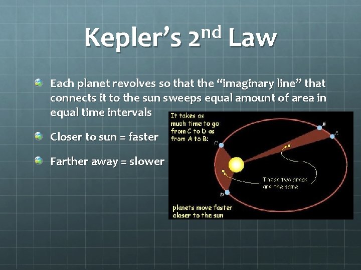 nd Kepler’s 2 Law Each planet revolves so that the “imaginary line” that connects