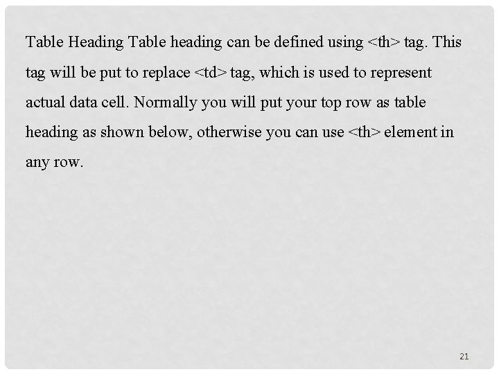 Table Heading Table heading can be defined using <th> tag. This tag will be